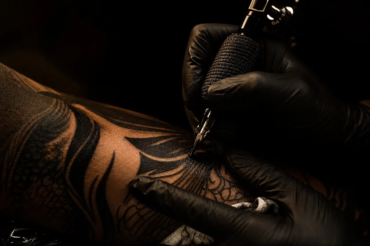 Illustrative image of black-gloved hands and a tattoo machine over skin with geometric motifs.