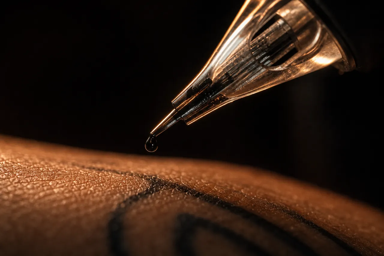 Illustrative image of a tattoo machine tip beside skin with black lines.