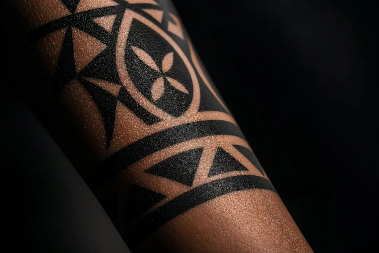 Illustrative image of an arm with bands, triangles, circles and other black geometric motifs.