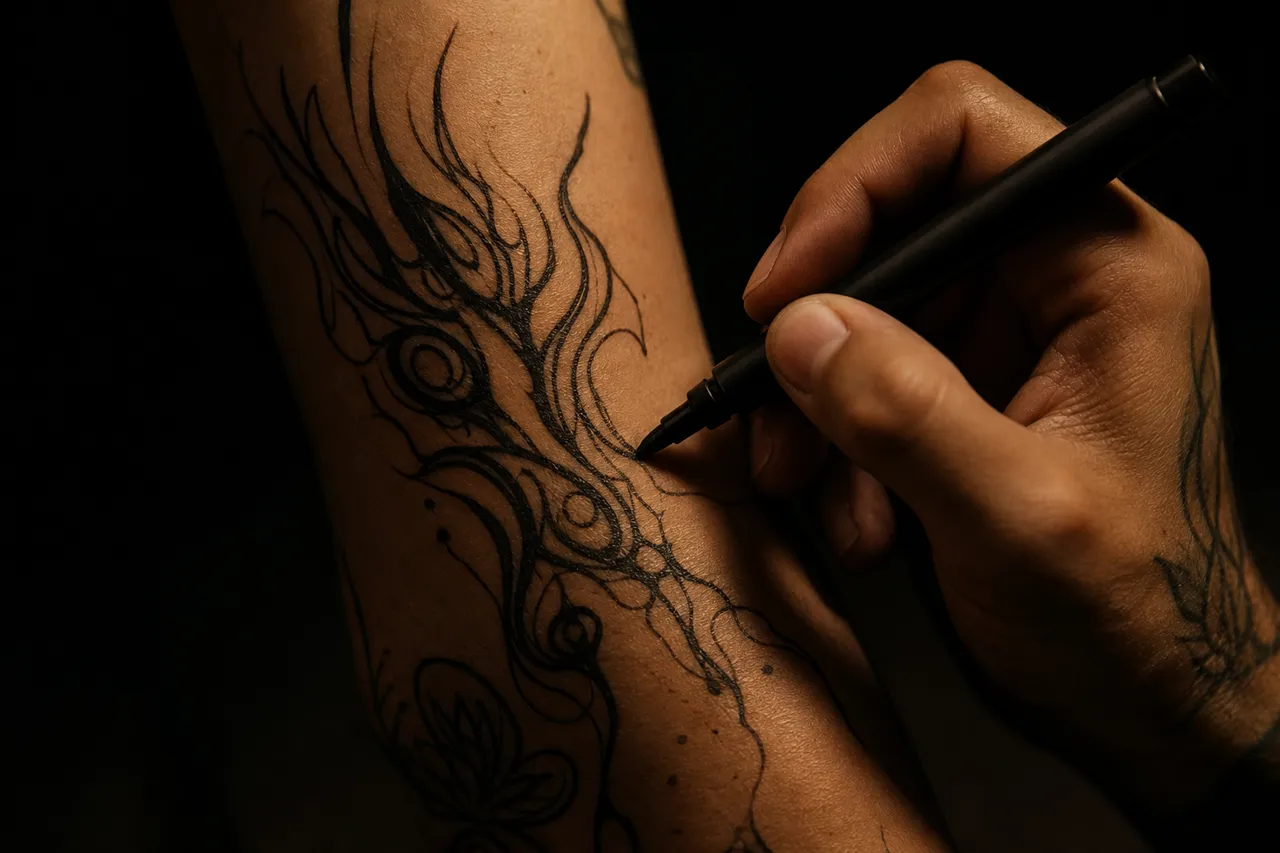 Illustrative image of a hand drawing curved lines on an arm with a marker.