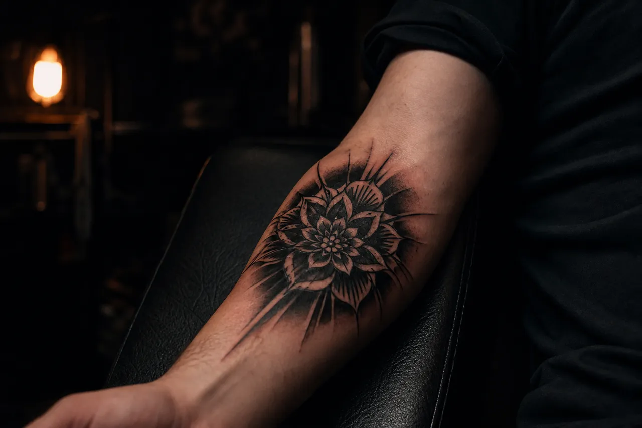 Illustrative image of a forearm with a black floral motif against a dark background and warm light.