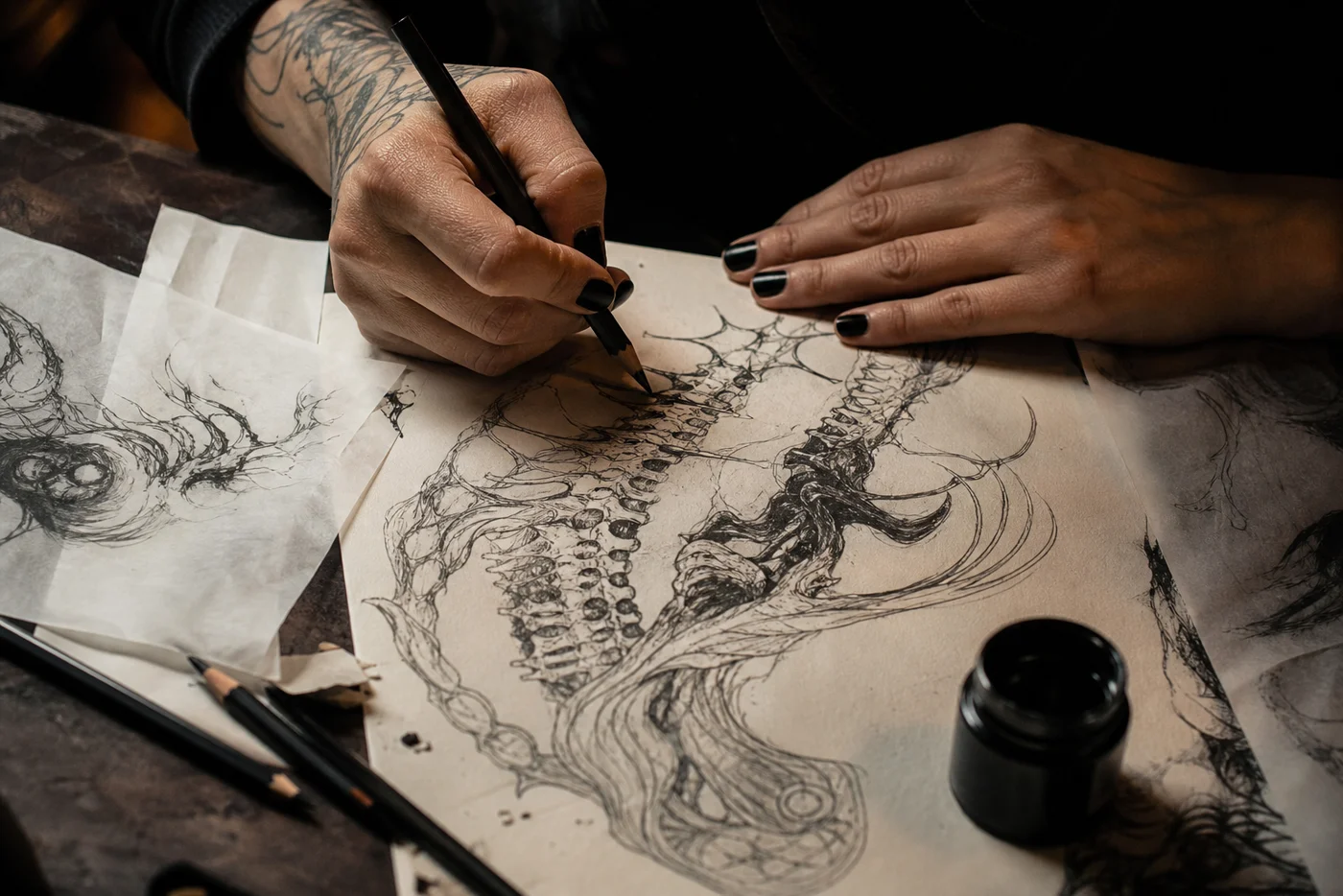 Dibujo manual de un diseño blackwork personalizado